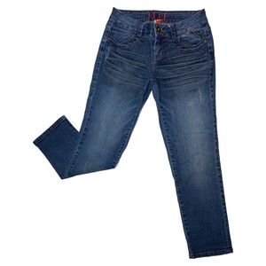 ELLE Womens Juniors Jeans Blue Distressed St Leg Embroidered Pockets Size 4